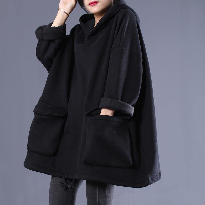 Simple Hooded Drawstring Spring Shirts Black Tops