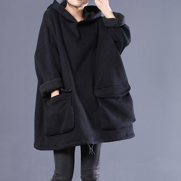 Simple Hooded Drawstring Spring Shirts Black Tops