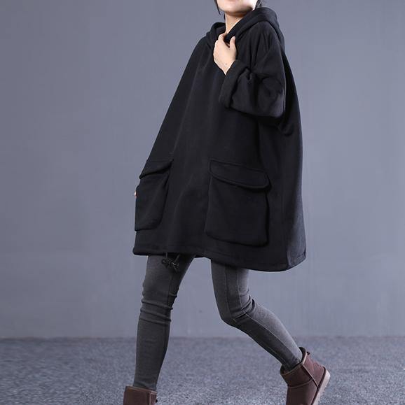 Simple Hooded Drawstring Spring Shirts Black Tops