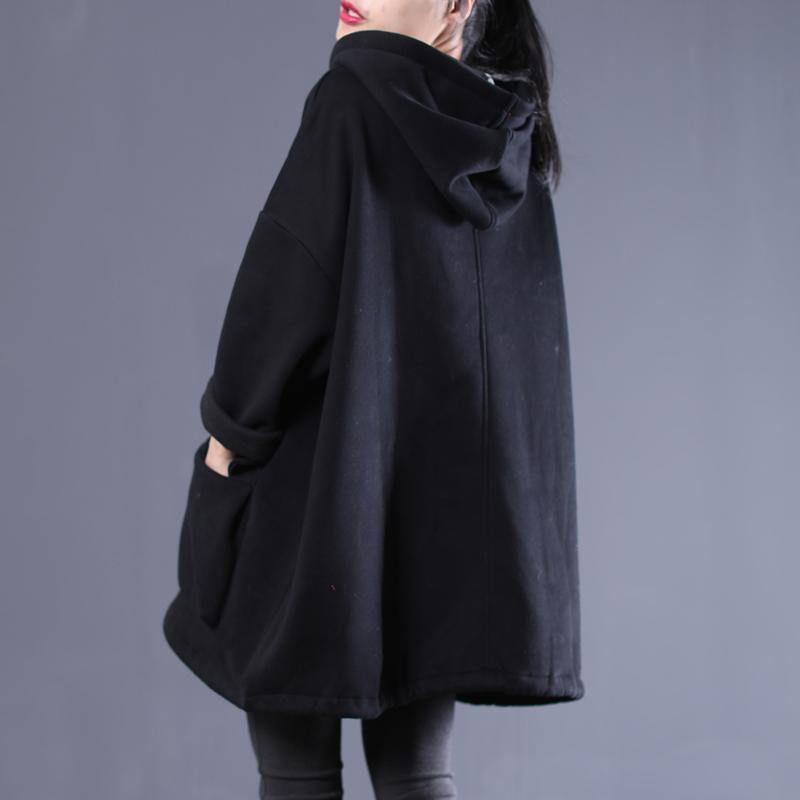 Simple Hooded Drawstring Spring Shirts Black Tops