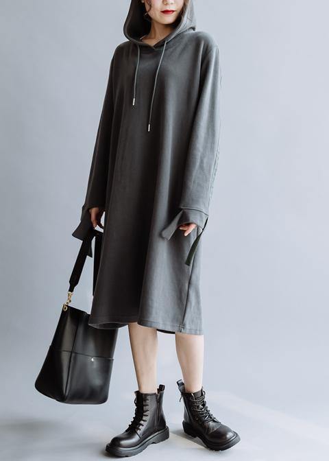 Simple Hooded Patchwork Fall Tunic Pattern Design Gray Art Dresses