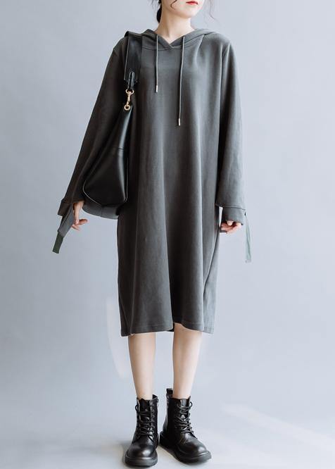 Simple Hooded Patchwork Fall Tunic Pattern Design Gray Art Dresses