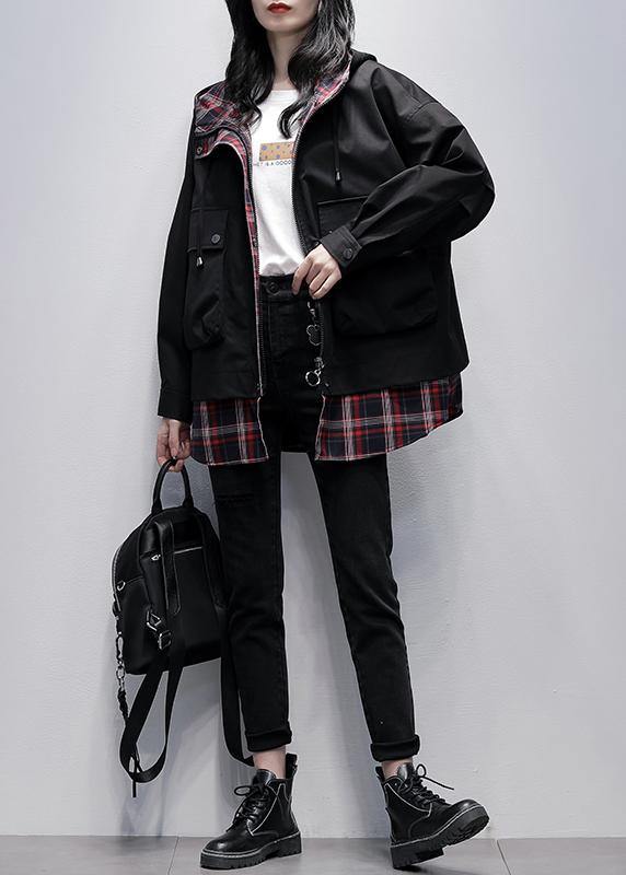 Simple Hooded Pockets Tunics for Black Patchwork Plaid Oversized Coat