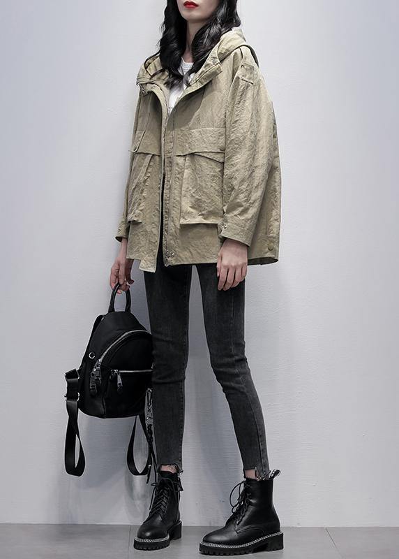 Simple Hooded Zippered Coats Gray Green Loose Coats