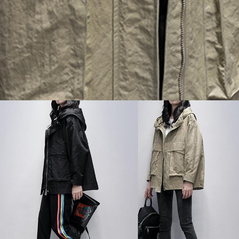 Simple Hooded Zippered Coats Gray Green Loose Coats