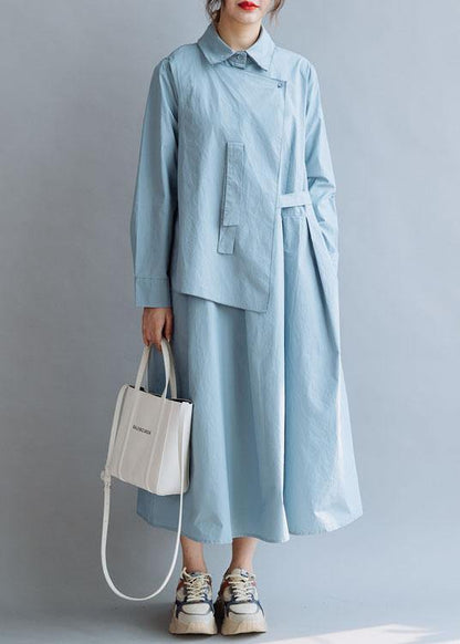 Simple Lapel Asymmetric Cotton Wardrobes Shirts Blue Cotton Robes Dresses Fall