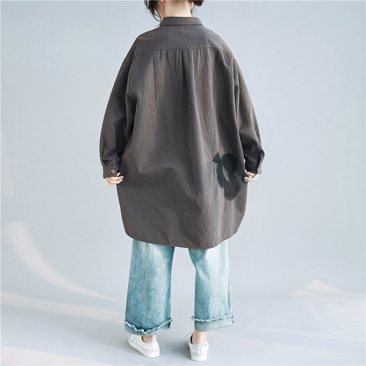 Simple Lapel Embroidery Cotton Tunic Top Ideas Gray Art Blouses