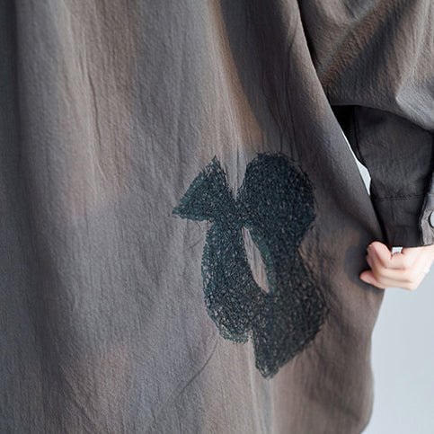 Simple Lapel Embroidery Cotton Tunic Top Ideas Gray Art Blouses