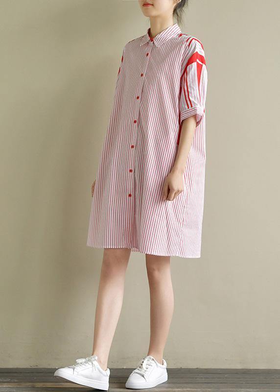 Simple Lapel Patchwork Cotton Clothes for Red Striped Dresses Summer