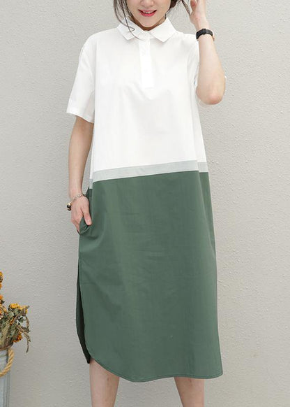 Simple Lapel Patchwork Cotton Summer Tunics for Work Outfits Green Dress