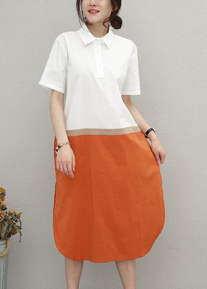 Simple Lapel Patchwork Cotton Summer Tunics for Work Outfits Green Dress