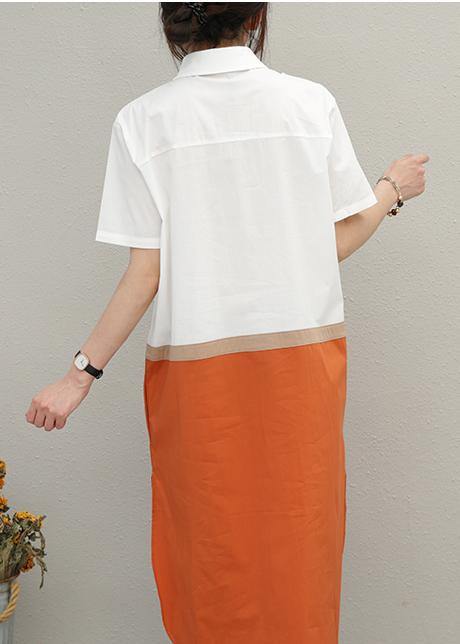 Simple Lapel Patchwork Cotton Summer Tunics for Work Outfits Green Dress