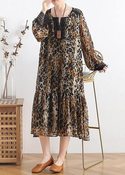 Simple Lapel Patchwork Chiffon Dress Work Outfits Leopard a Line Dress