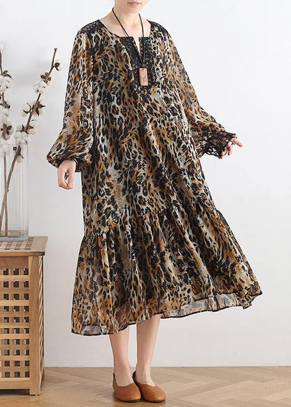 Simple Lapel Patchwork Chiffon Dress Work Outfits Leopard a Line Dress