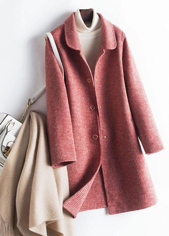 Simple Lapel Pockets Trench Coat Rose Plaid Box Jackets