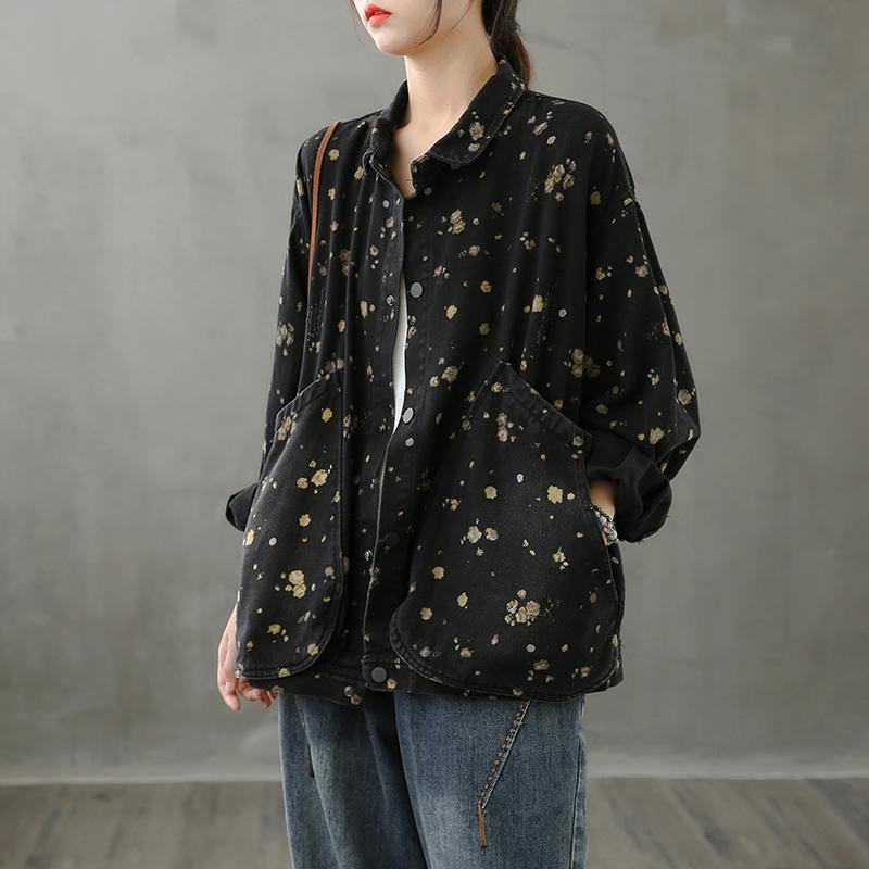 Simple Lapel Pockets Fall Crane Tops Pattern Black Print Shirt