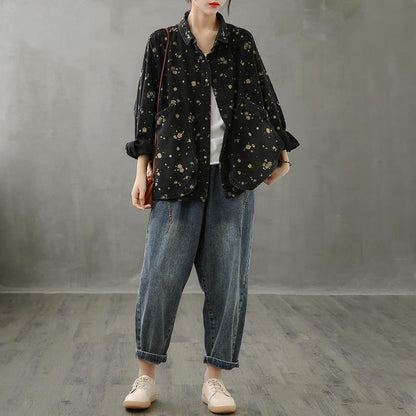 Simple Lapel Pockets Fall Crane Tops Pattern Black Print Shirt