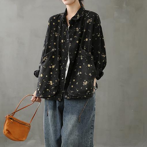 Simple Lapel Pockets Fall Crane Tops Pattern Black Print Shirt