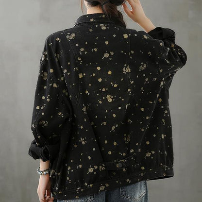 Simple Lapel Pockets Fall Crane Tops Pattern Black Print Shirt