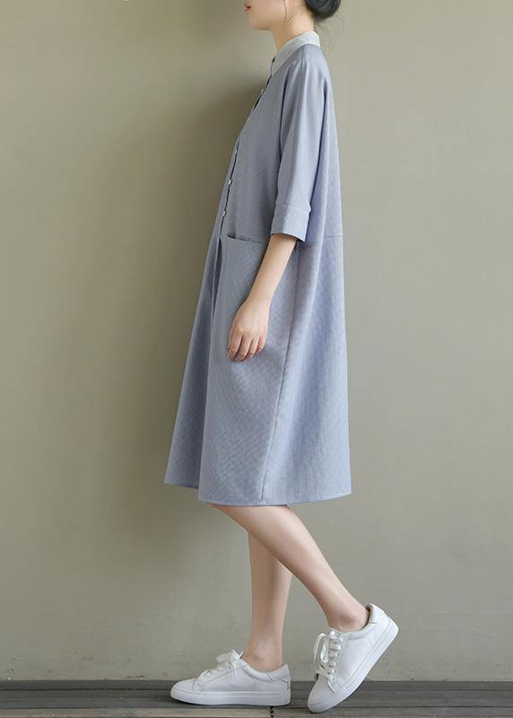 Simple Lapel Pockets Linen Dresses Ideas Blue Gray Plaid Dress Summer