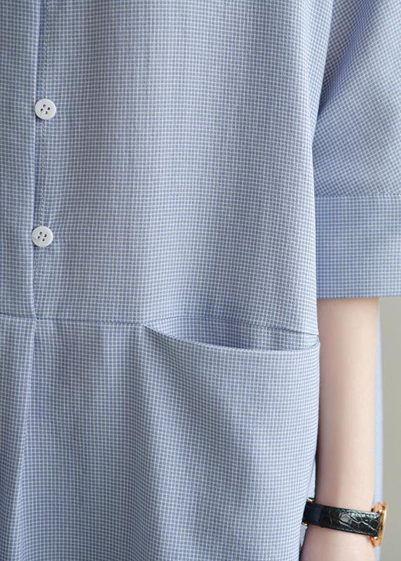 Simple Lapel Pockets Linen Dresses Ideas Blue Gray Plaid Dress Summer