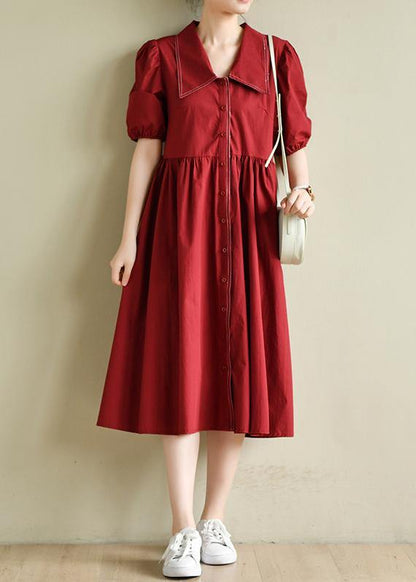 Simple Lapel Cinched Summer Clothes Red Loose Dress