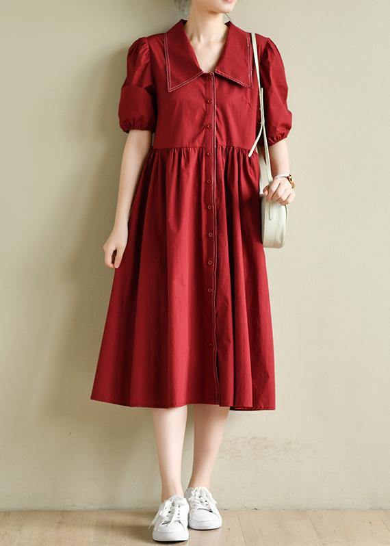 Simple Lapel Cinched Summer Clothes Red Loose Dress
