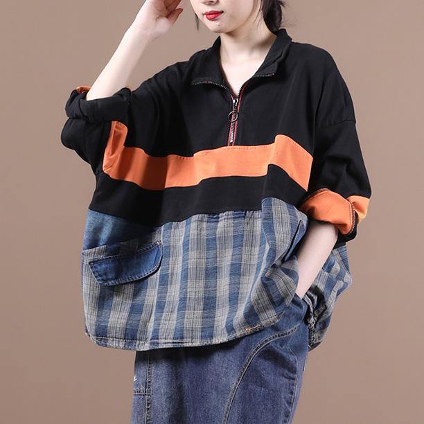 Simple lapel zippered Blouse Tunic Tops orange shirt