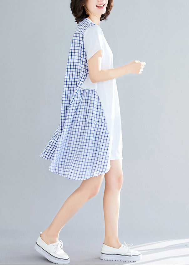 Simple Large Hem Cotton Clothes Indian Shirts Blue Plaid Knee Dress Summer