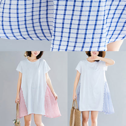 Simple Large Hem Cotton Clothes Indian Shirts Blue Plaid Knee Dress Summer