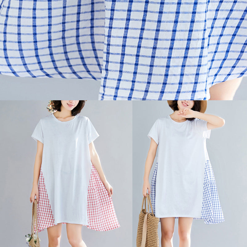 Simple Large Hem Cotton Clothes Indian Shirts Blue Plaid Knee Dress Summer