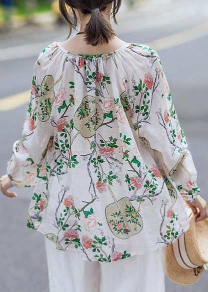 Simple Linen Box Top Print Cotton Linen V-neck Lantern Sleeve Blouse