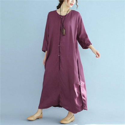 Simple Linen Dresses Fitted Loose Linen Long Sleeve Wine Red Dress