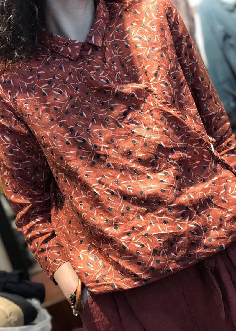 Simple Long Sleeve Linen Clothes for Pattern Red Prints Blouse Fall