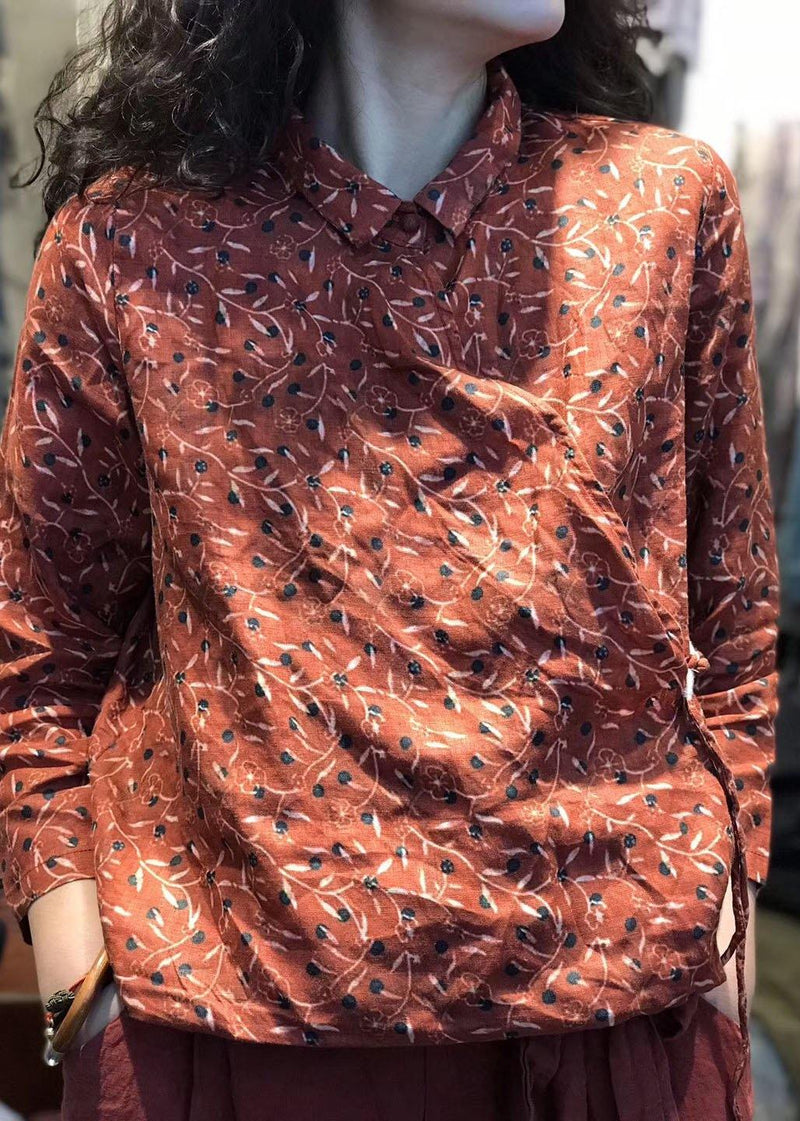 Simple Long Sleeve Linen Clothes for Pattern Red Prints Blouse Fall