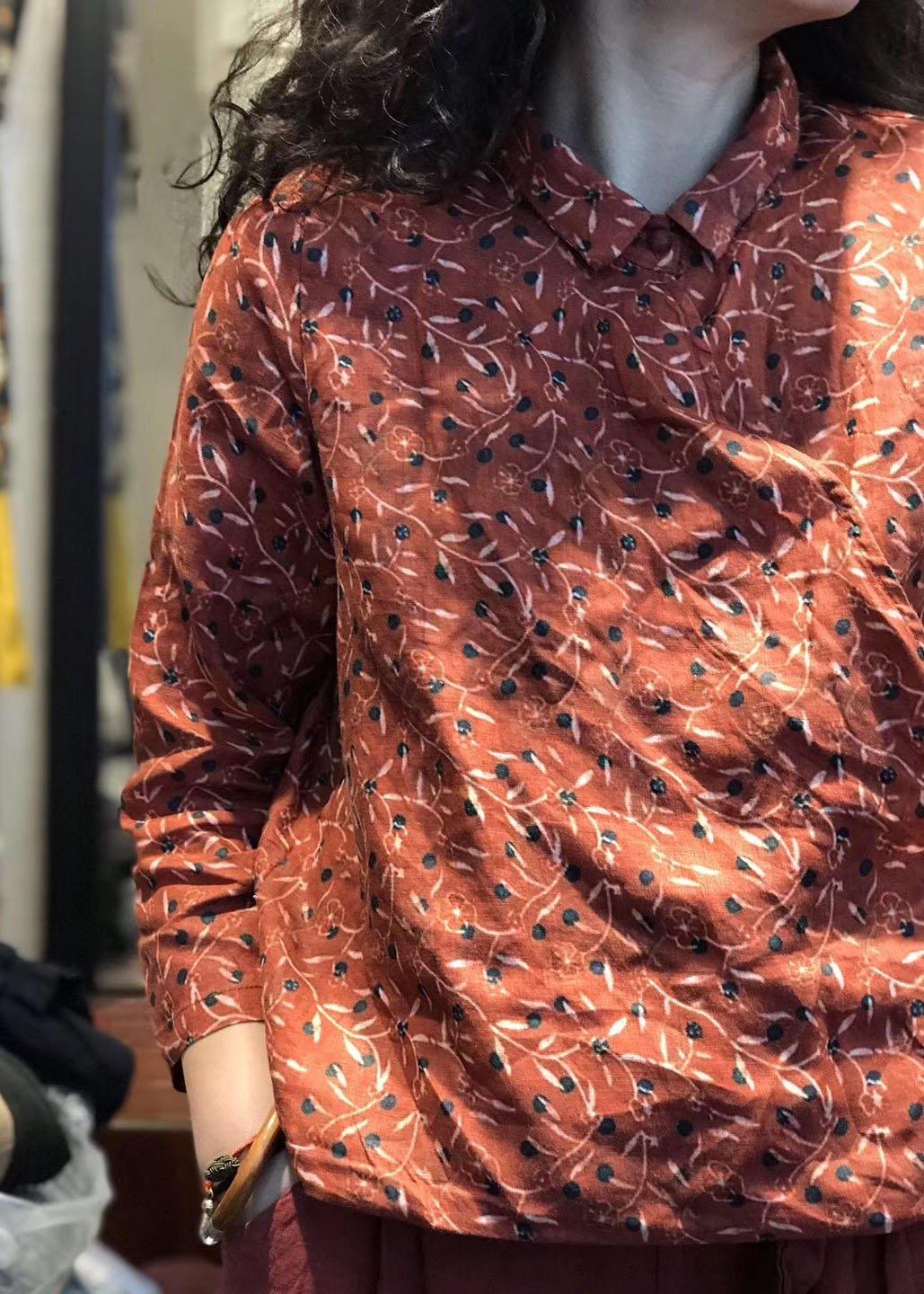 Simple long sleeve linen clothes For Women pattern red prints blouse fall