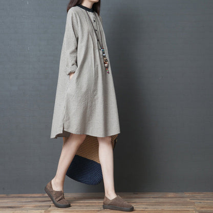 Simple Long Sleeve Linen Dress Organic Work Outfits Black Striped Art Dress Stand Collar