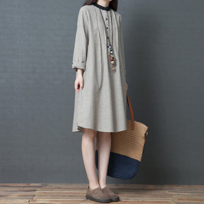 Simple Long Sleeve Linen Dress Organic Work Outfits Black Striped Art Dress Stand Collar