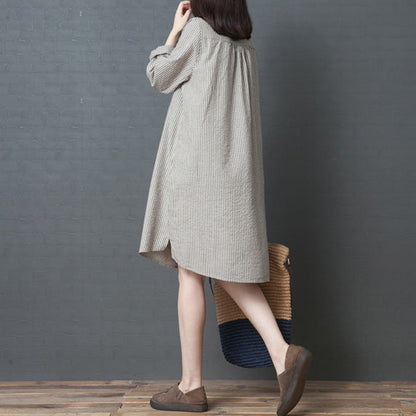 Simple Long Sleeve Linen Dress Organic Work Outfits Black Striped Art Dress Stand Collar