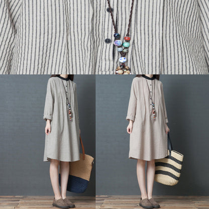 Simple Long Sleeve Linen Dress Organic Work Outfits Black Striped Art Dress Stand Collar
