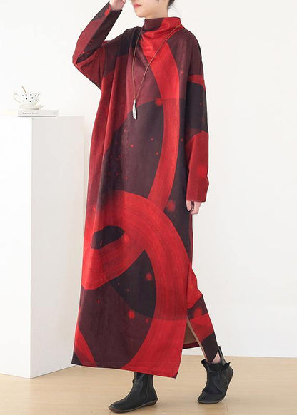 Simple Loose Waist Cotton O Neckclothes Tunic Tops Red Priints Loose Dresses