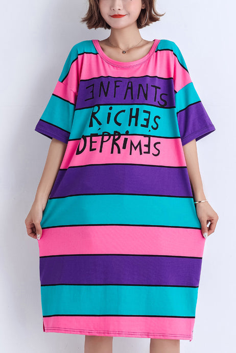 Simple Multicolor Cotton Long Shirts Stitches Work Outfits O Neck Side Open Midi Summer Dress