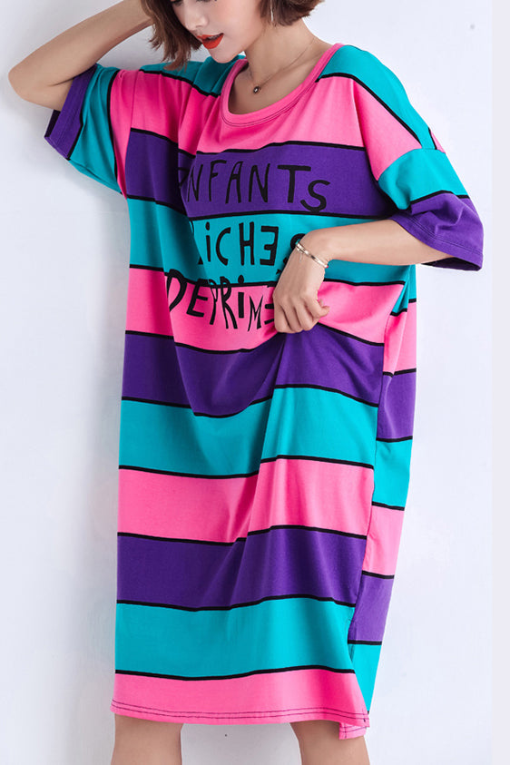 Simple Multicolor Cotton Long Shirts Stitches Work Outfits O Neck Side Open Midi Summer Dress
