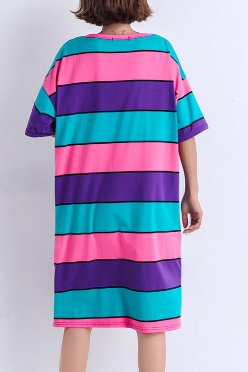 Simple Multicolor Cotton Long Shirts Stitches Work Outfits O Neck Side Open Midi Summer Dress