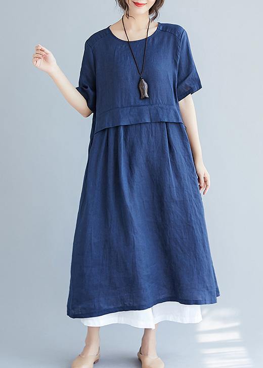 Simple Navy Cotton Quilting Dresses O Neck Pockets Loose Summer Dress