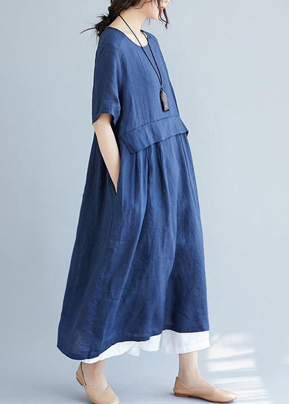 Simple Navy Cotton Quilting Dresses O Neck Pockets Loose Summer Dress