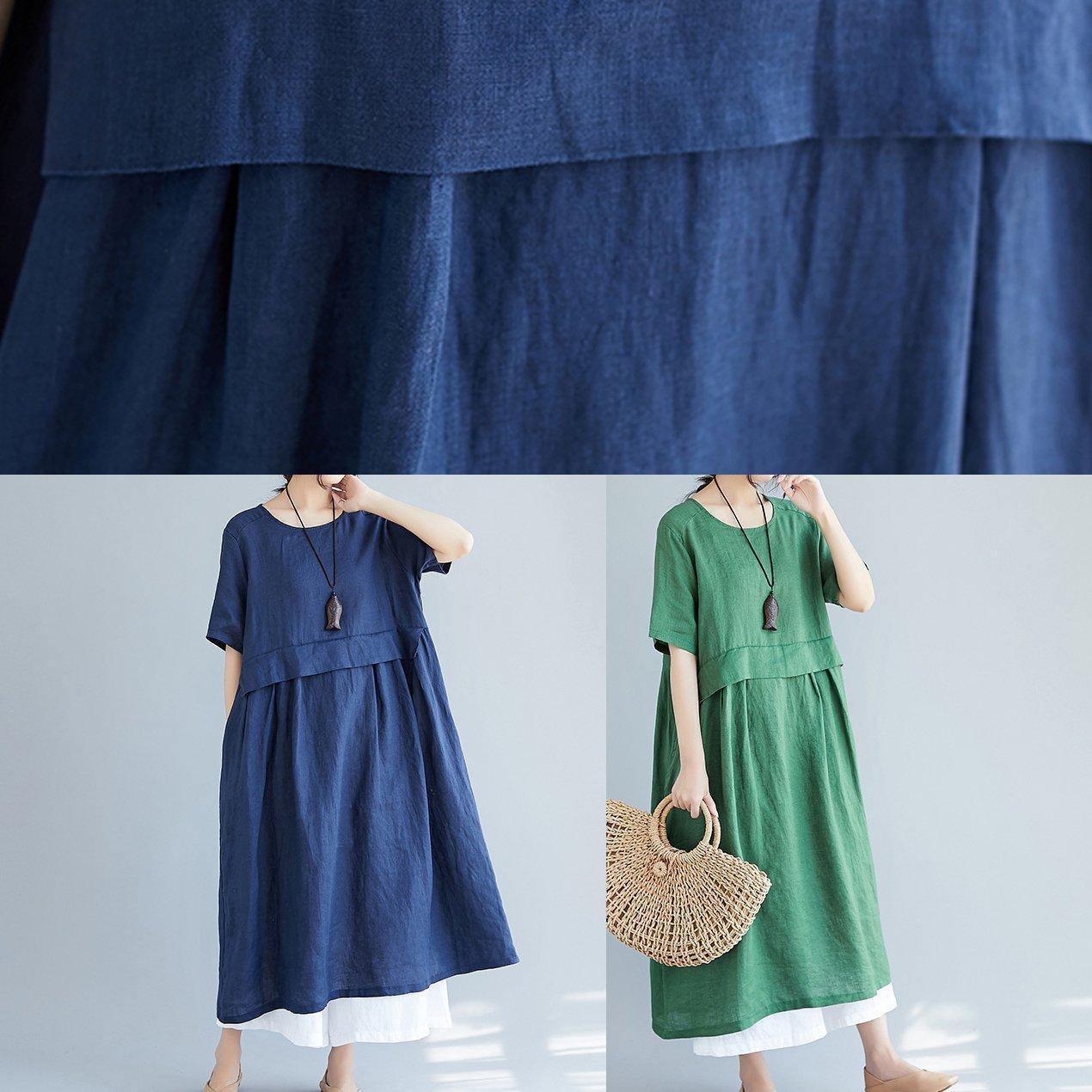 Simple Navy Cotton Quilting Dresses O Neck Pockets Loose Summer Dress