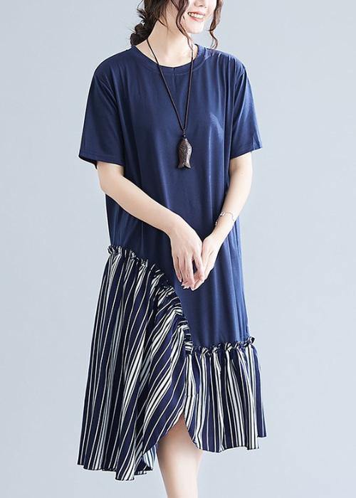 Simple Navy Patchwork Striped Cotton Tunics O Neck Long Summer Dress