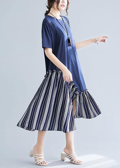 Simple Navy Patchwork Striped Cotton Tunics O Neck Long Summer Dress