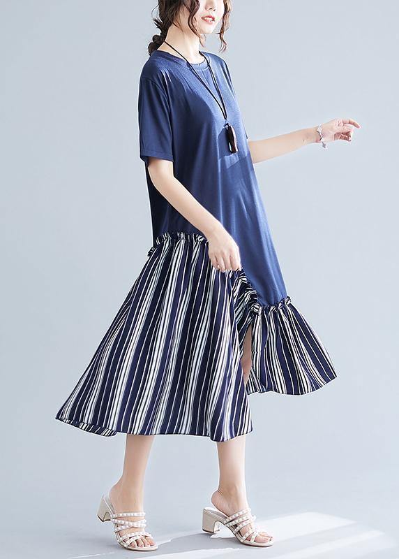 Simple Navy Patchwork Striped Cotton Tunics O Neck Long Summer Dress
